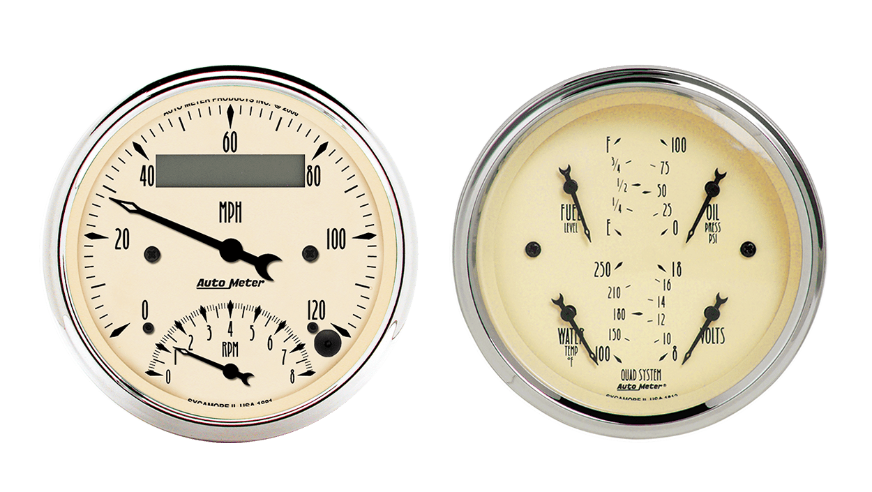 1820 Auto Meter Antique Beige 2 Gauge Kit (3 3/8" Speedometer/Tachometer & Quad)