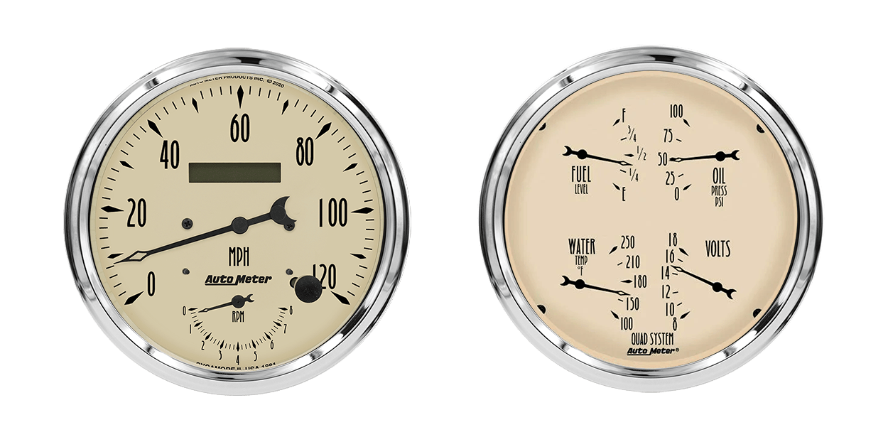 1852 Auto Meter Antique Beige 2 Gauge Kit (5" Speedometer/Tachometer & Quad)