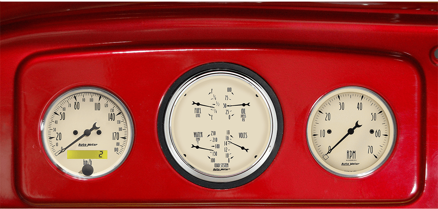1935-1936 Chevy Master or 1935-1939 Chevy Truck Gauge Adapters w/ Auto Meter Antique Beige Gauges