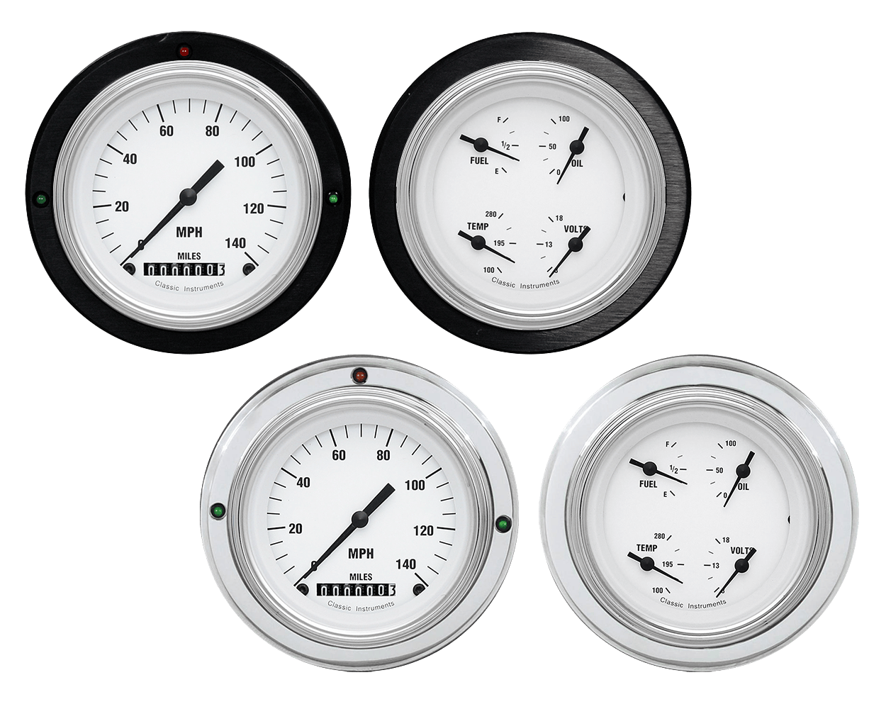 1937-1939 Ford Car or Truck Aluminum 2 Adapter Rings w/ Classic Instruments White Hot Gauges