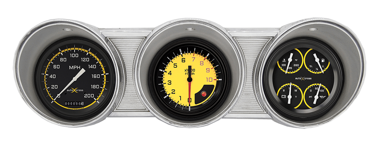 1962-1963 Ford Fairlane Aluminum Gauge Panel Adapter w/ Classic Instruments AutoCross Yellow