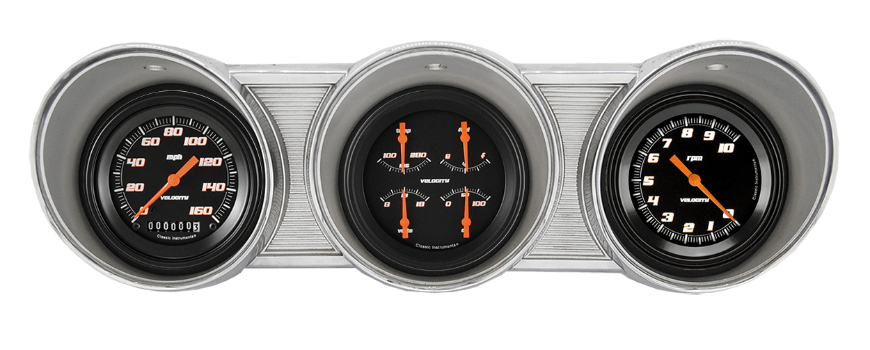 62 63 Ford Fairlane Billet Aluminum Dash Insert w/ Classic Instruments Velocity Black Gauges