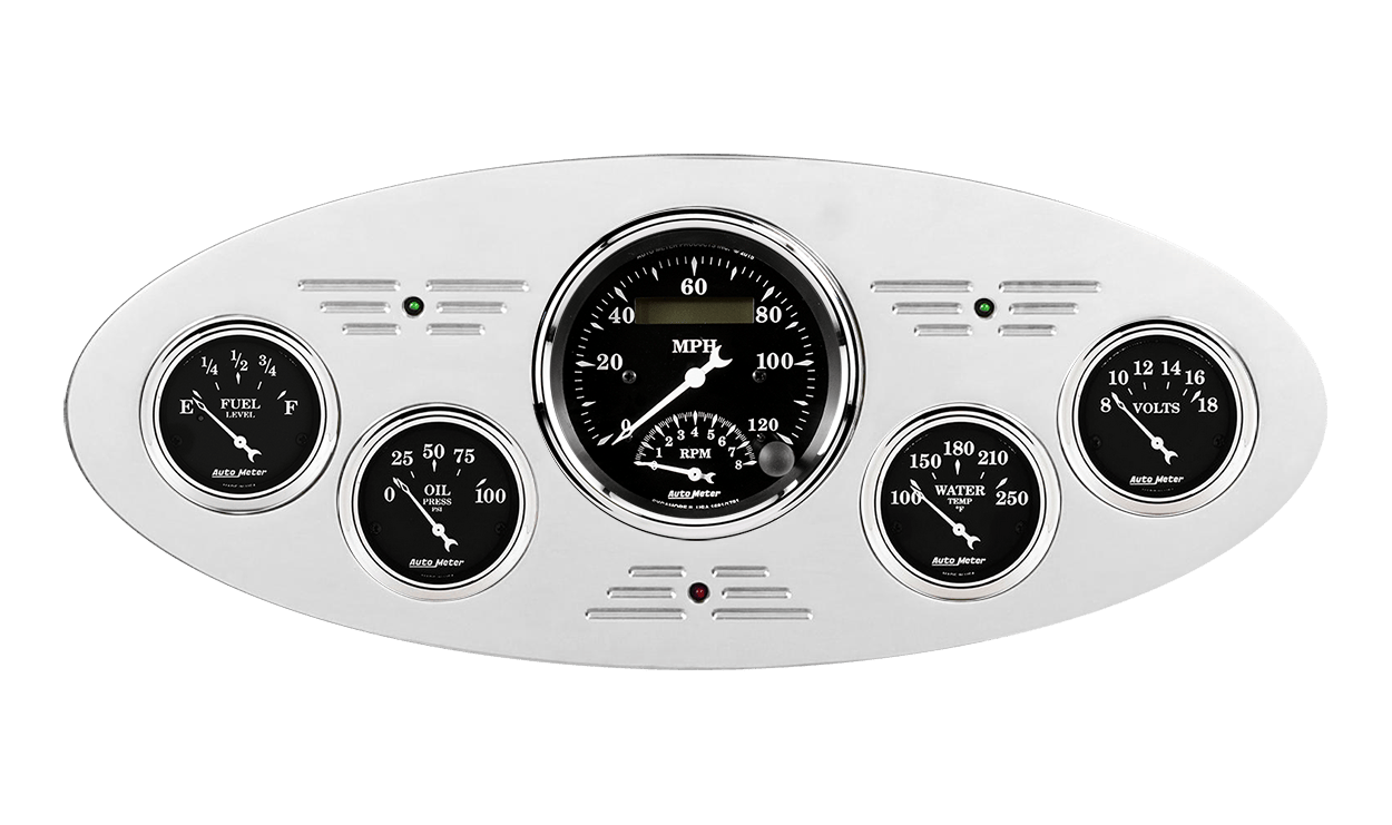 1933-1934 Plymouth Billet Aluminum Gauge Panel w/ Auto Meter Street Rod Series Gauges (Speedo/Tach)