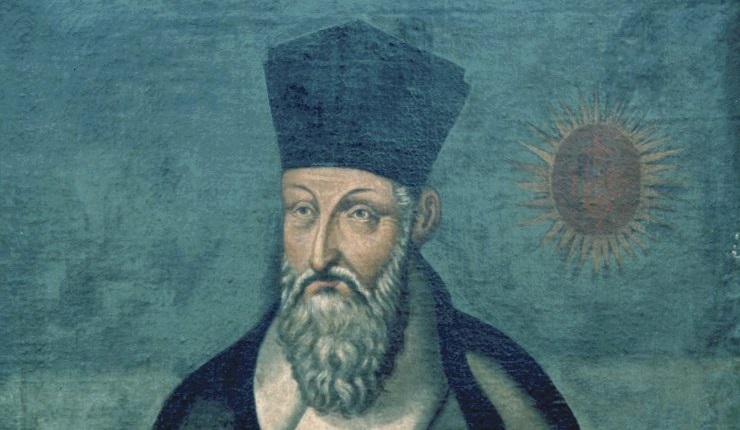 Old painting of Matteo Ricci with unusual hat and long gray beard and moustache.