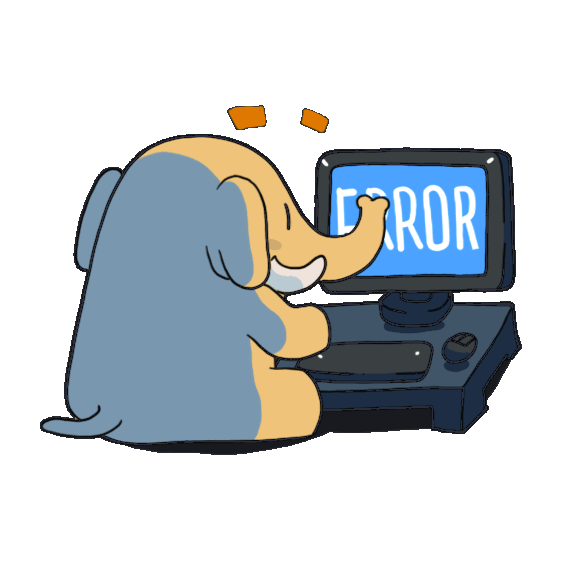Mastodon cartoon character sits at a computer whose screen reads "Error".