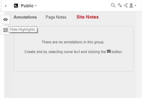 The user interface for the side bar of Hypothesis with a "Site Notes" element added in red next to "Annotations" and "Page Notes"