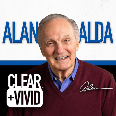 Coverart for the Clear + Vivid with Alan Alda podcast featuring a headshot of Alan Alda with the show title