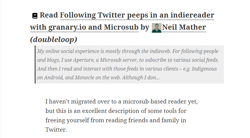 Example of a reply context with author name, image, title, and short synopsis