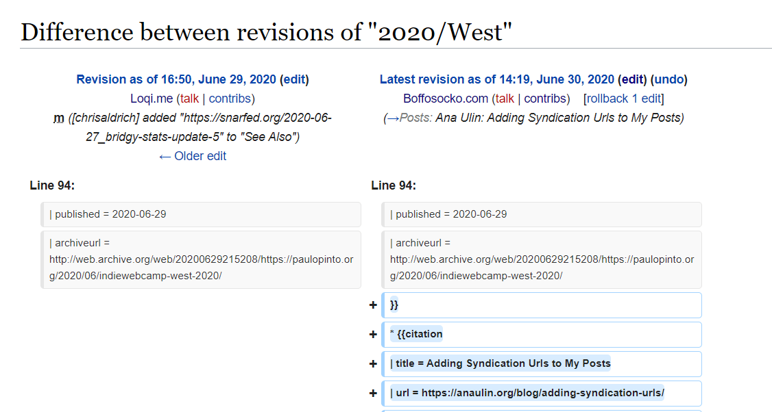 Screencapture showing the diff of a recent IndieWeb wiki edit
