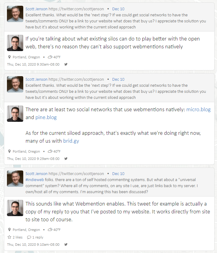 screencapture of Aaron Parecki's site capturing conversation back and forth with Twitter