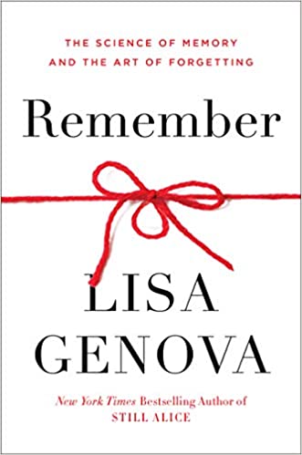 Simple white book cover of Remember by Lisa Genova featuring a piece of red string tied into a knotted bow