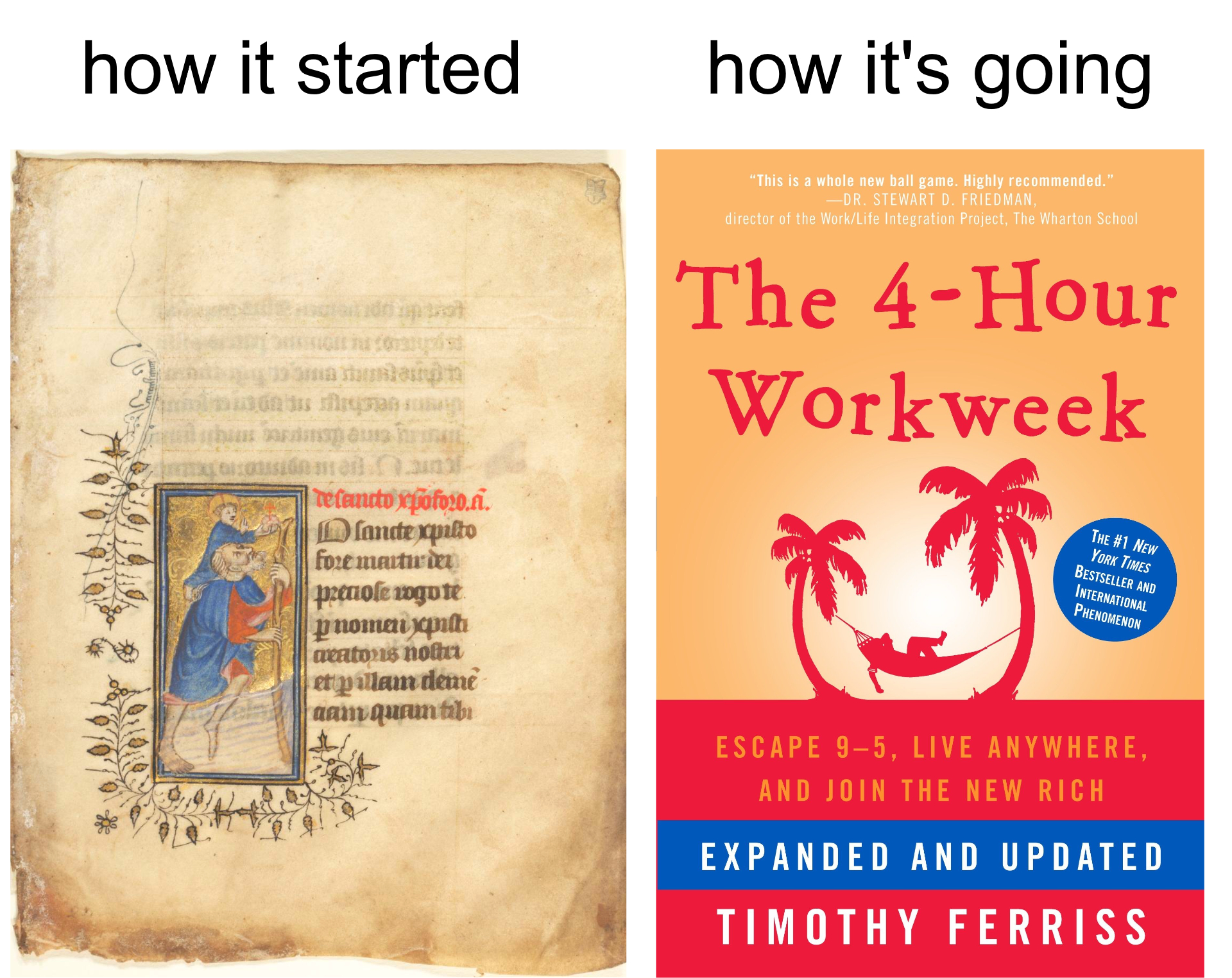 How it started and How it's going meme set up with image of a page from a 14th century book of hours featuring St. Christopher juxtaposed with the book cover of Timothy Ferriss's "The 4-Hour Workweek" featuring a silhouette of a person relaxing on a hammock between two palm trees.