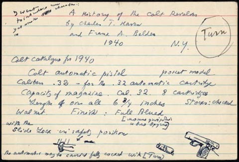 An index card with notes about a colt pistol featuring a hand drawn example in the lower right