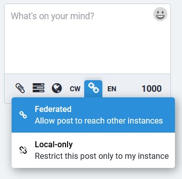 User interface from hcommons.social highlighting the fifth icon, a link, with a drop down menu to choose either federating one's post or making it local only.