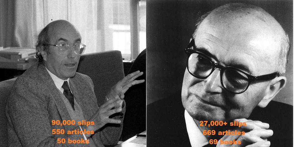 Split screen black and white photos of Niklas Luhmann and S.D. Goitein. Superimposed over their images are their respective outputs: (Luhmann) "90,000 slips, 550 articles, 50 books" vs (Goitein) "27,000+ slips, 669 articles, 69 books"