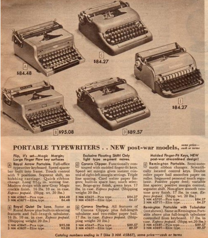 Yellowed catalog page with photos of 5 portable typewriters labeled A-E with blocks of corresponding text below to describe them all and provide their list prices.