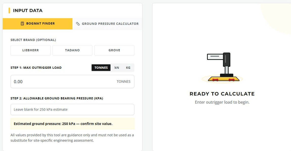 Current Bogmats Australia outrigger load calculator with bog mat finder and ground pressure tabs