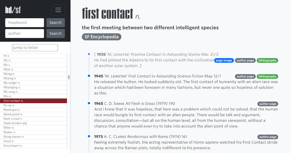 Screenshot of the Historical Dictionary of Science Fiction
