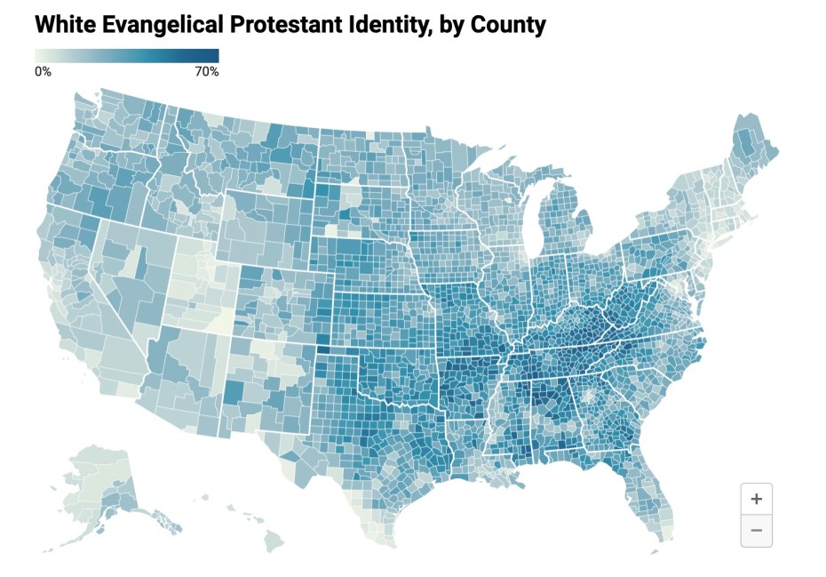 Concentration Of White Evangelicals By State Map 2020 Census of American Religion reveals longterm decline of white