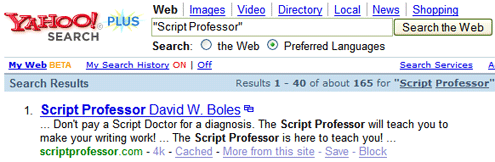 Script Professor Search Return for Yahoo!