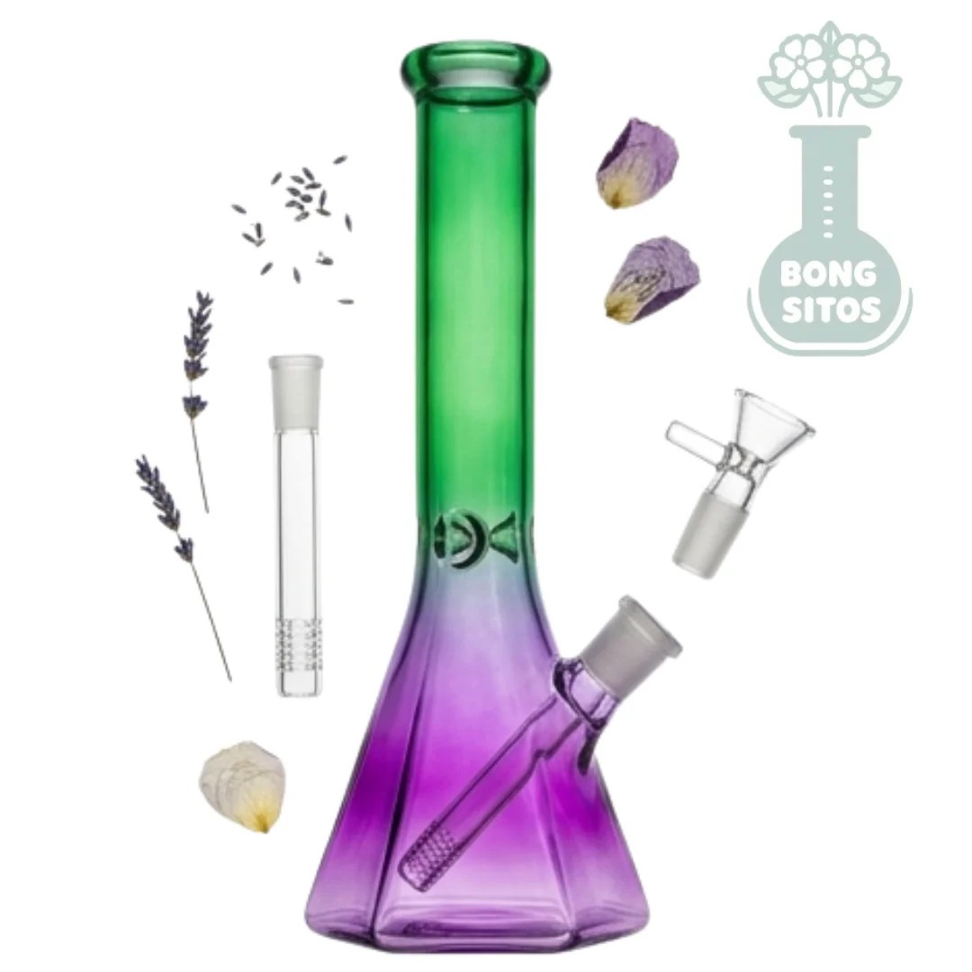 Bong de vidrio beaker degradado verde y morado 26 cm — lo que incluye