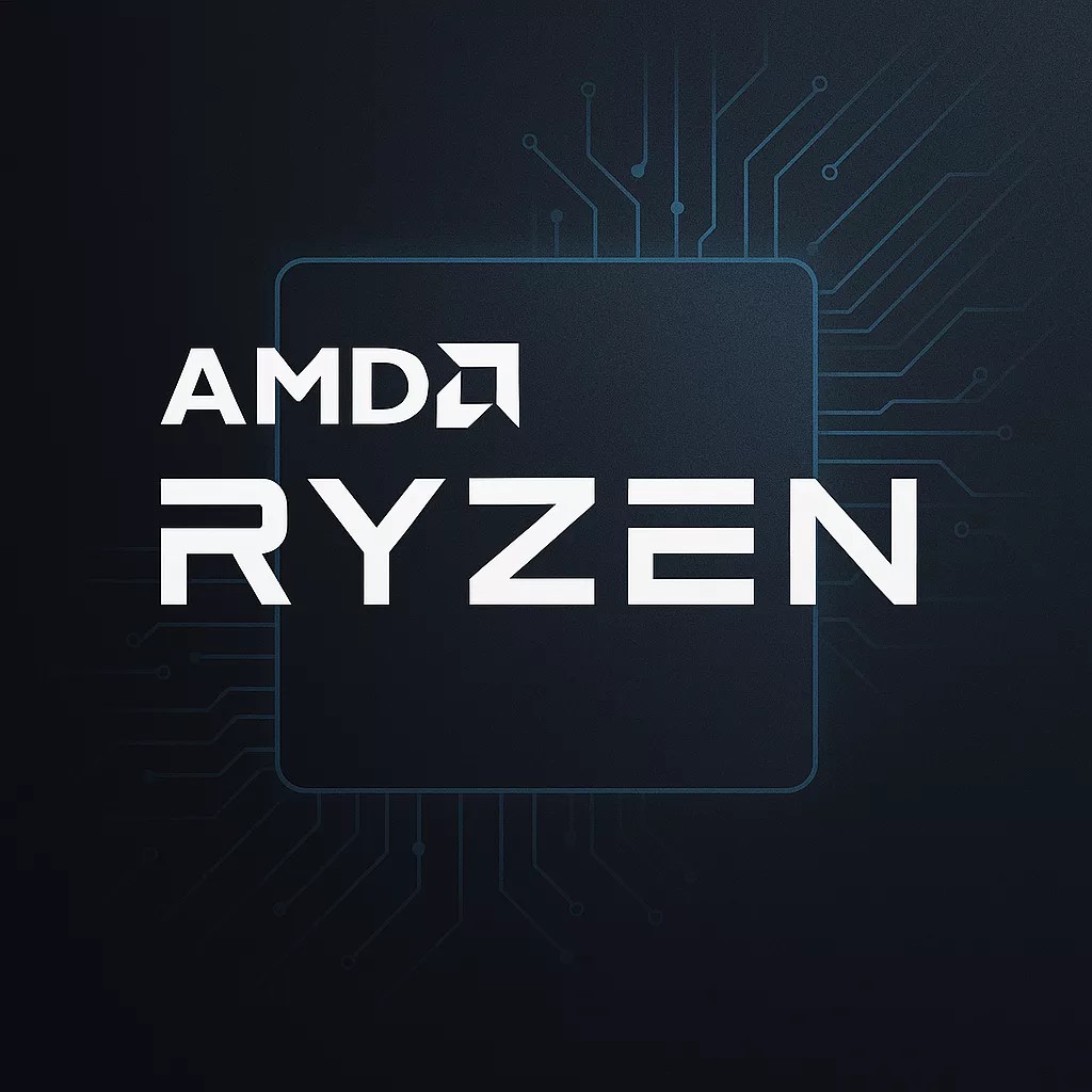 AMD Ryzen logo in bold white letters on a dark background, with circuit-like lines radiating from a square to evoke a computer chip—highlighting features like AM5 compatibility and AMD 3D V-Cache technology.