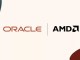 Logos of Oracle and AMD side by side on a beige background, separated by a vertical line, with abstract colored shapes in the corners—highlighting their collaboration on MI450 GPUs.