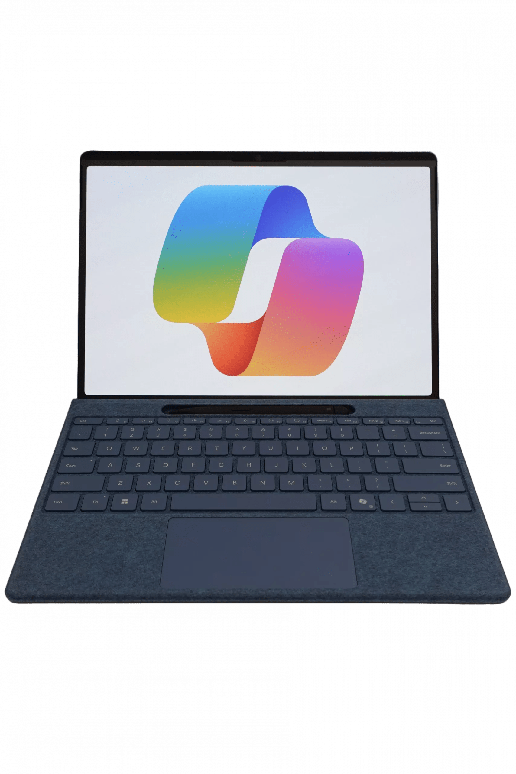 A tablet with an attached keyboard displays a colorful abstract logo for Microsoft Mico on its screen, featuring interlocking blue, green, yellow, and orange shapes, set against a plain white background.