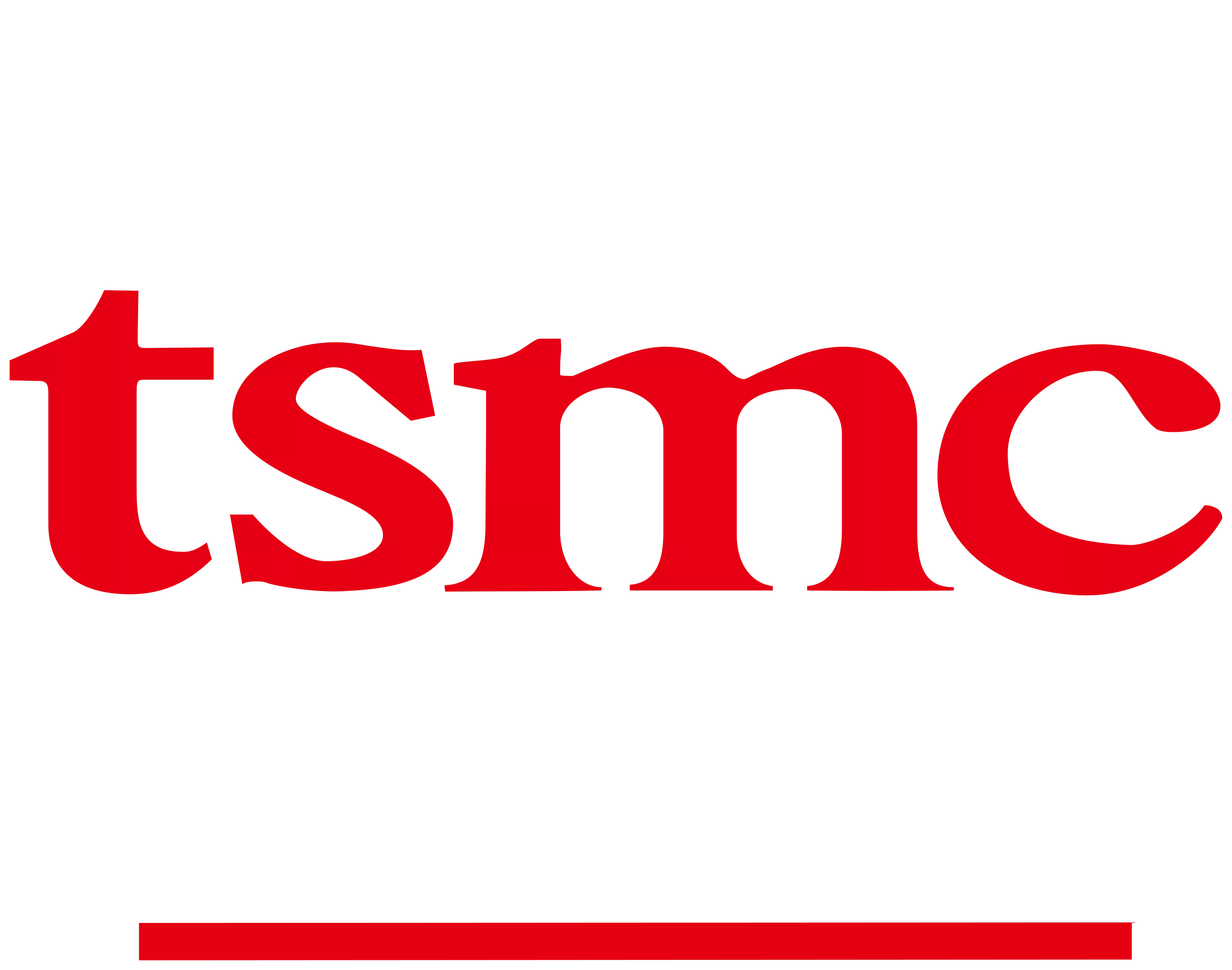 The logo of TSMC features the acronym tsmc in bold red lowercase letters above a stylized black and white grid resembling a semiconductor wafer, highlighting its vital role in the AI supply chain, with a red horizontal line underneath.