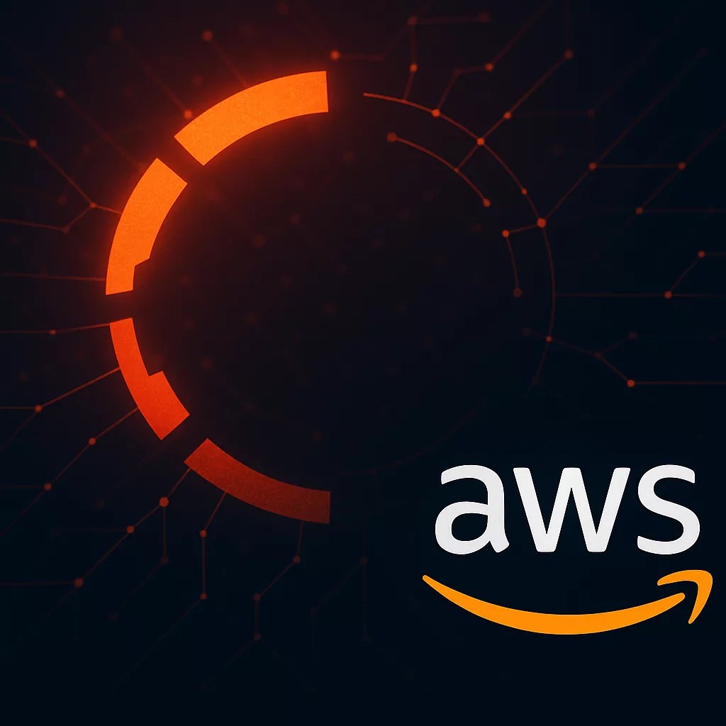 A dark background with glowing orange arcs forming a partial circle on the left, and the white aws logo with a yellow curved underline on the bottom right. Abstract lines radiate from the center, hinting at incident response and AWS outage analysis.