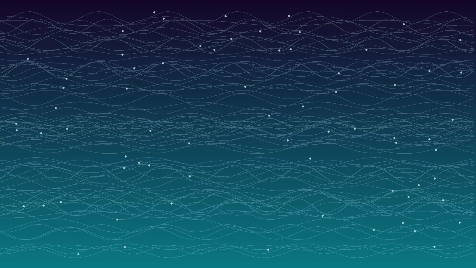 Abstract digital art inspired by quantum computing, featuring wavy, interlacing white lines over a gradient background shifting from deep blue at the top to teal at the bottom, with small white dots scattered throughout.
