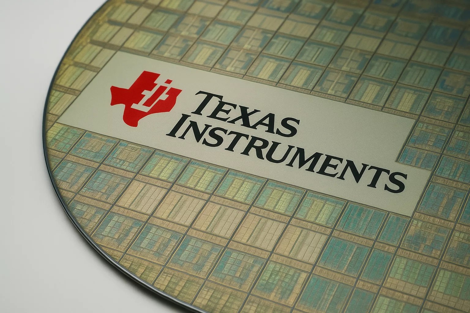 A silicon wafer with the Texas Instruments logo and name displayed on top, highlighting intricate microchip patterns in the background—a testament to the company’s innovation and Q3 analog demand.