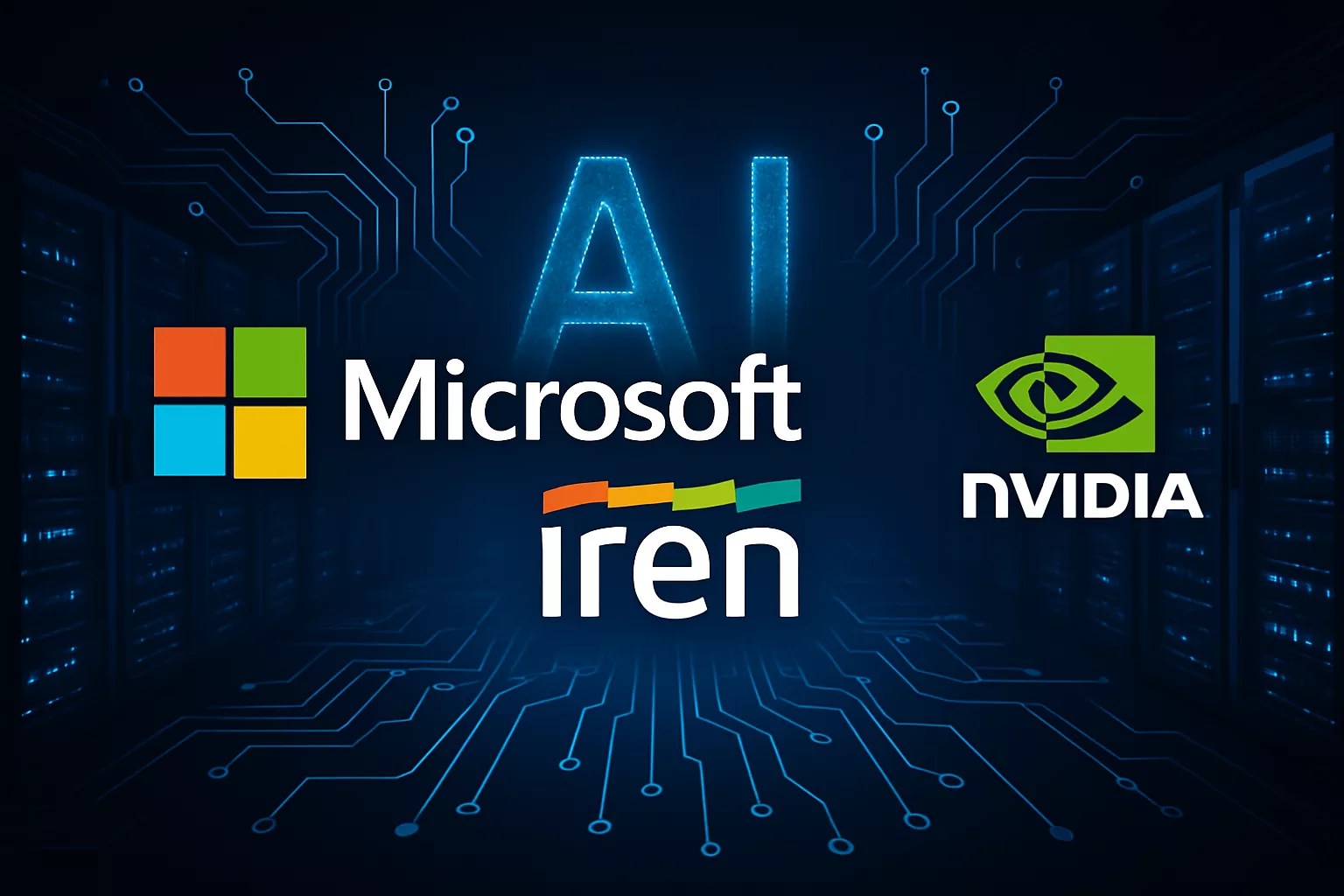 Logos of Microsoft, Iren, and Nvidia are displayed in front of a glowing AI text, with a digital circuit board background—hinting at technology, artificial intelligence themes, and the recent Microsoft IREN deal featuring Nvidia GB300.