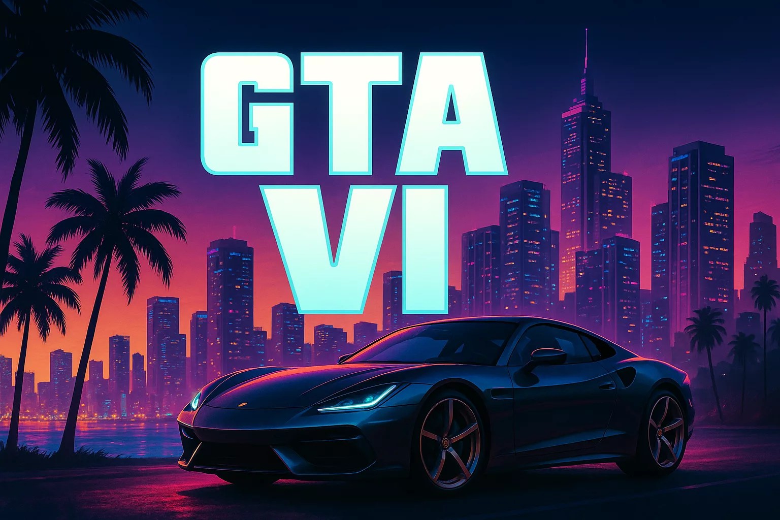 A sleek sports car is parked in front of a city skyline at sunset, with palm trees and tall buildings. Large, glowing letters above spell out Grand Theft Auto VI by Rockstar, giving the scene a neon, retro-futuristic vibe.