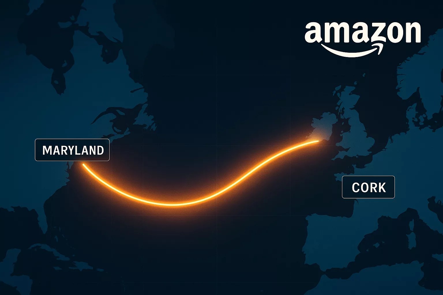 A digital map shows a glowing line connecting Maryland, USA, to Fastnet near Cork, Ireland, across the Atlantic Ocean, with the Amazon logo in the top right corner.