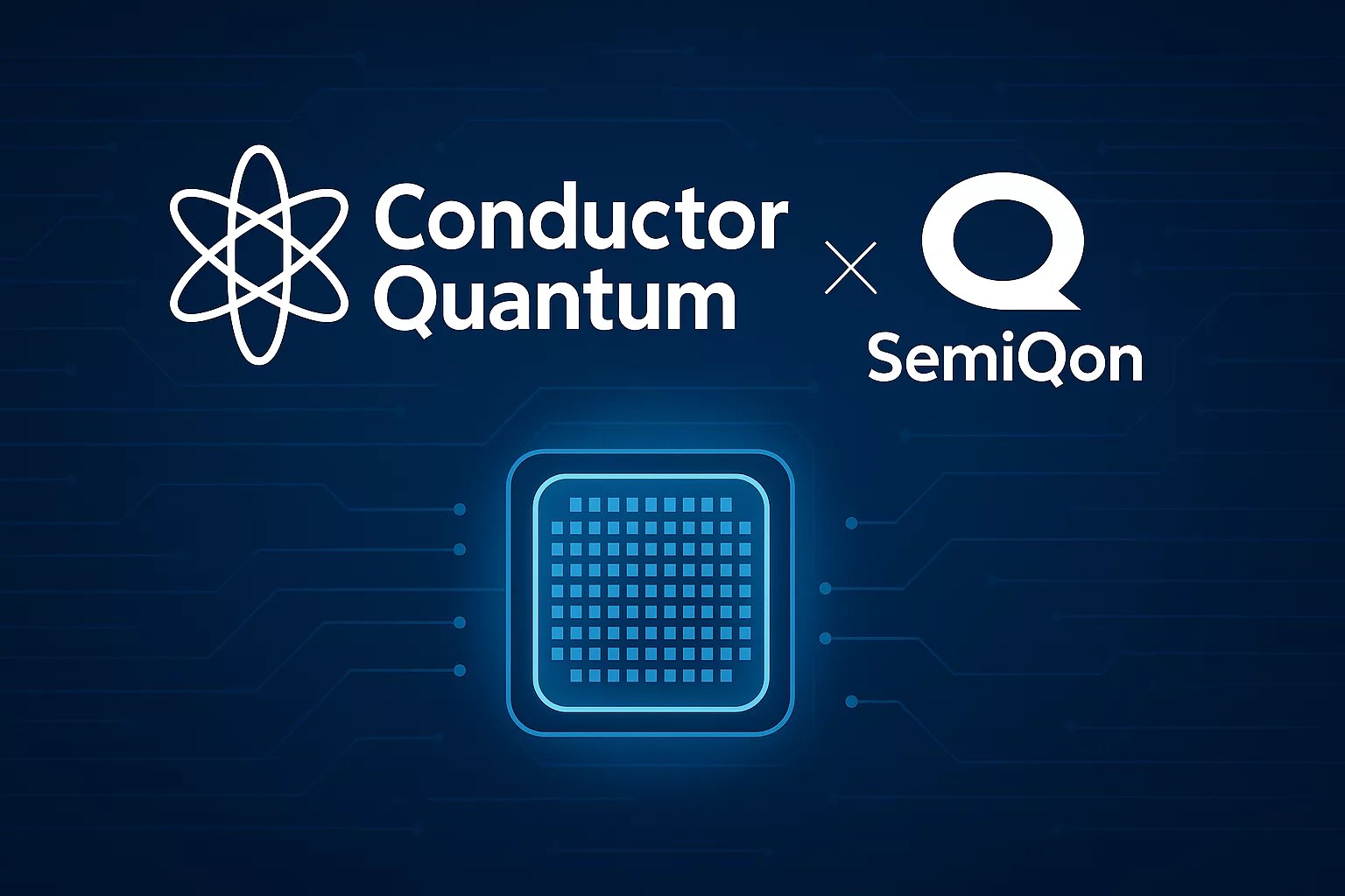 A digital graphic featuring the Conductor Quantum and SemiQon logos above an illustrated quantum computer chip, highlighting AI-controlled silicon qubits on a dark blue tech-themed background.