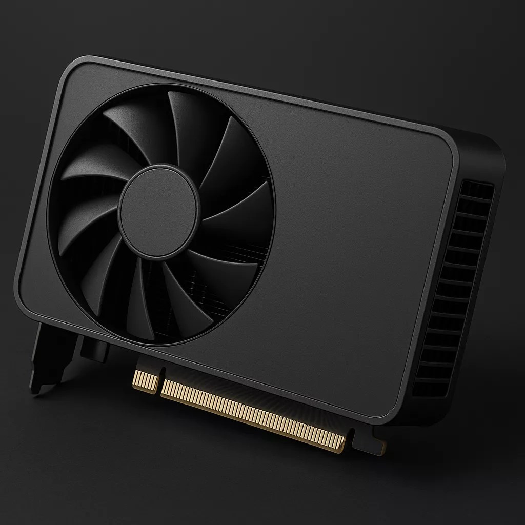 A black entry-level GPU with a large cooling fan, gold connector pins, and side vents is displayed on a dark background.
