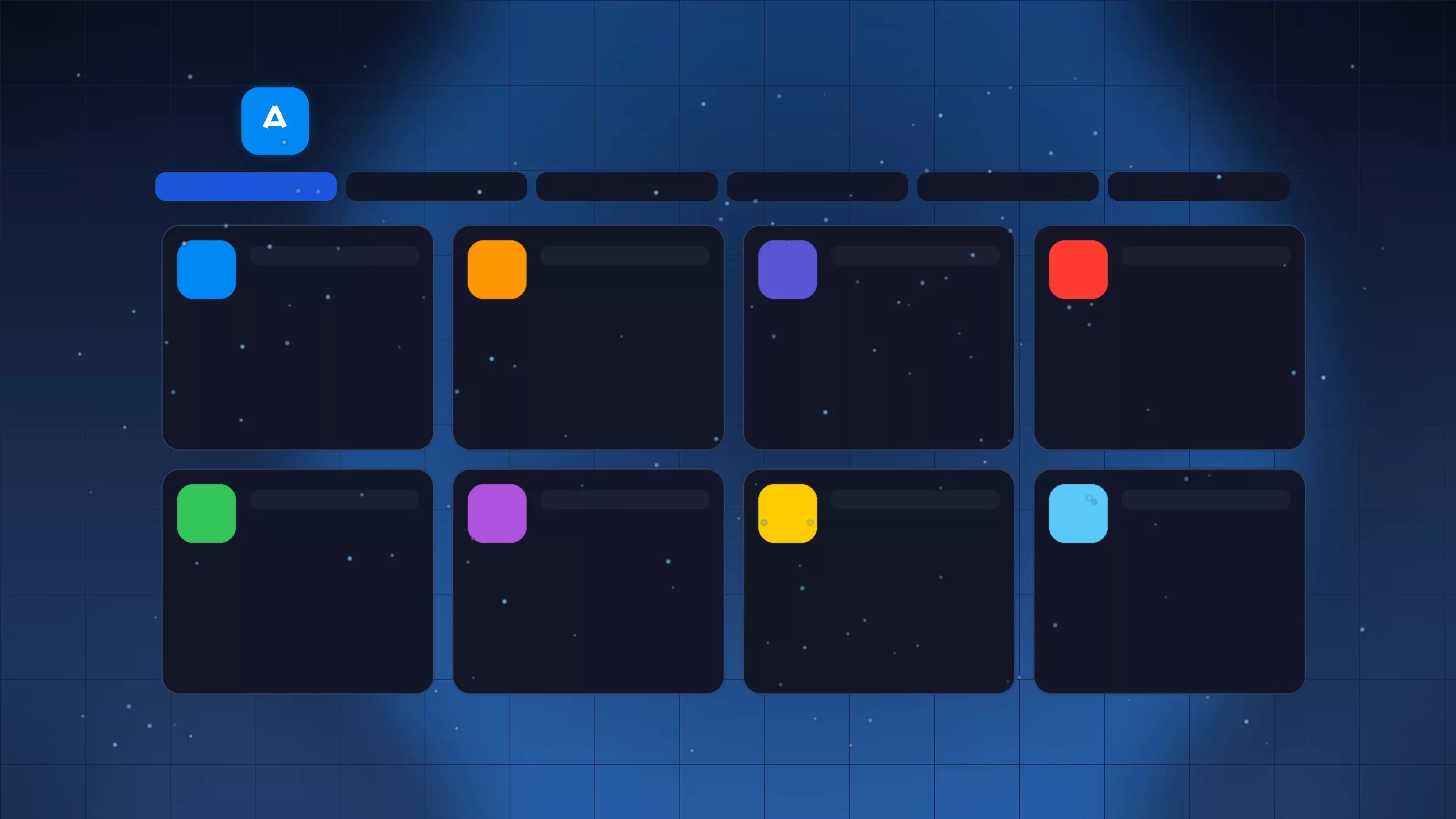 A digital interface with a dark blue grid background features eight rectangular panels in two rows, reminiscent of an Apple web App Store layout. Each panel contains a small, colored square—orange, purple, red, blue, or yellow—in the top left corner.
