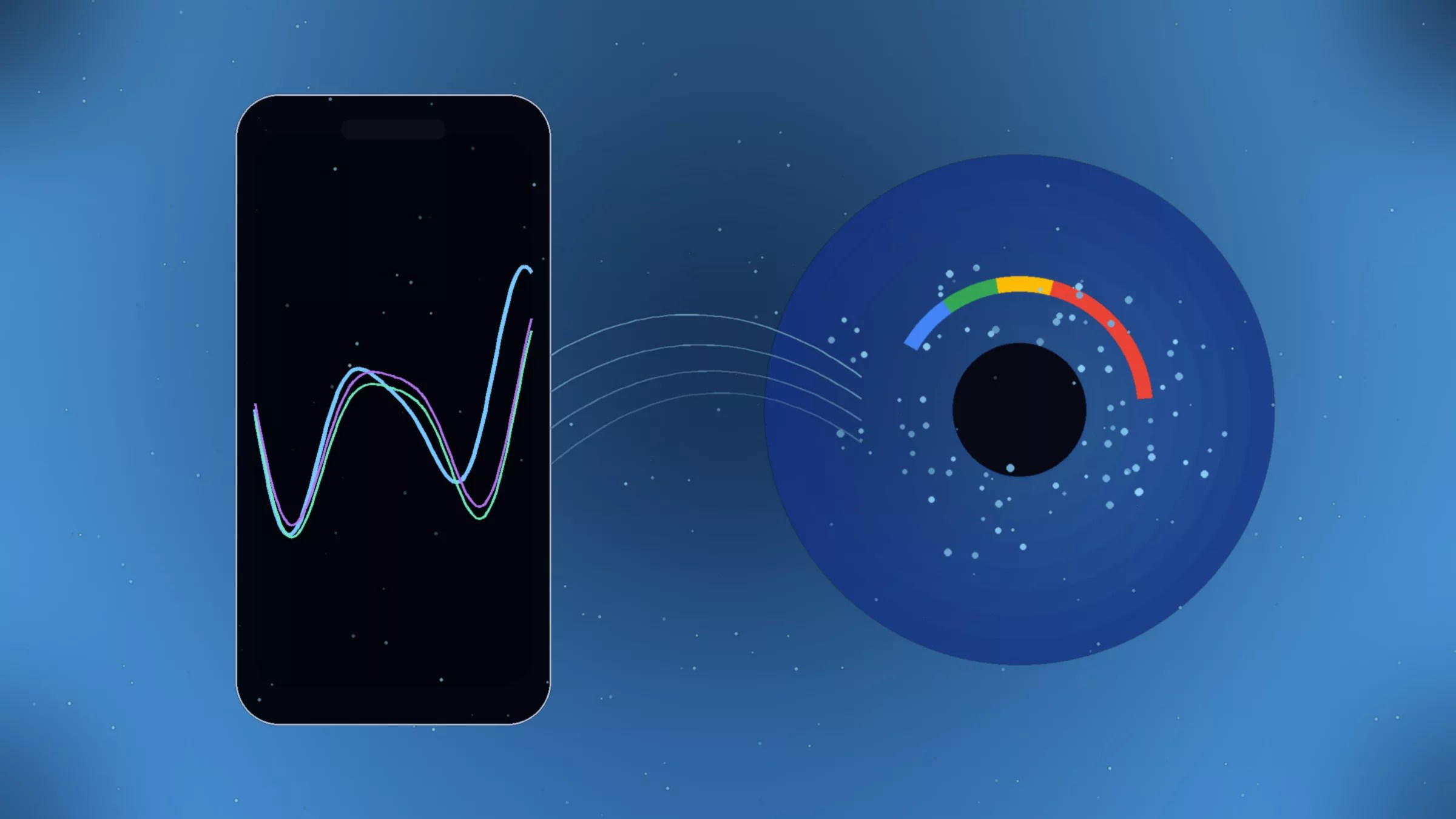 A smartphone with colorful graph lines on its screen sends data to a circular gauge displaying a multicolored arc, resembling a Gemini-powered Siri speedometer or indicator, on a blue background with small white dots.