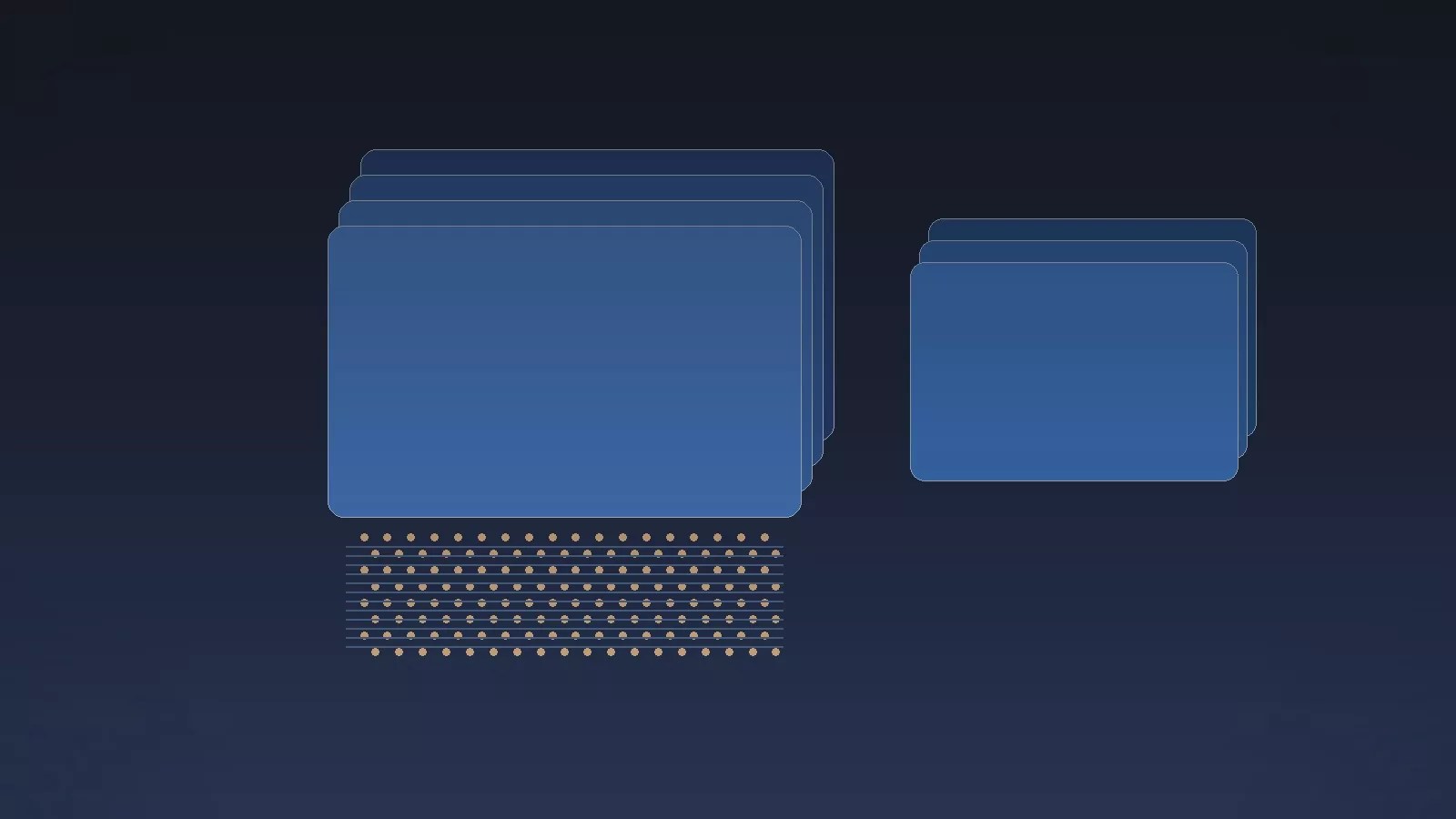 A graphic shows two groups of overlapping blue rectangles, illustrating chiplet-first designs: the larger left group connects to multiple lines and dots, while the smaller right group is unconnected—all on a dark background, hinting at Moore’s Law beyond 2026.