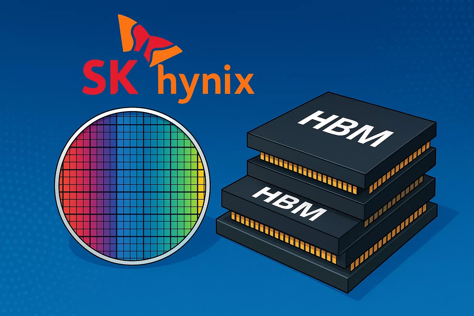 Illustration of a silicon wafer and stacked HBM5 chips next to the SK hynix logo on a blue background, highlighting the latest advancements in high bandwidth memory.