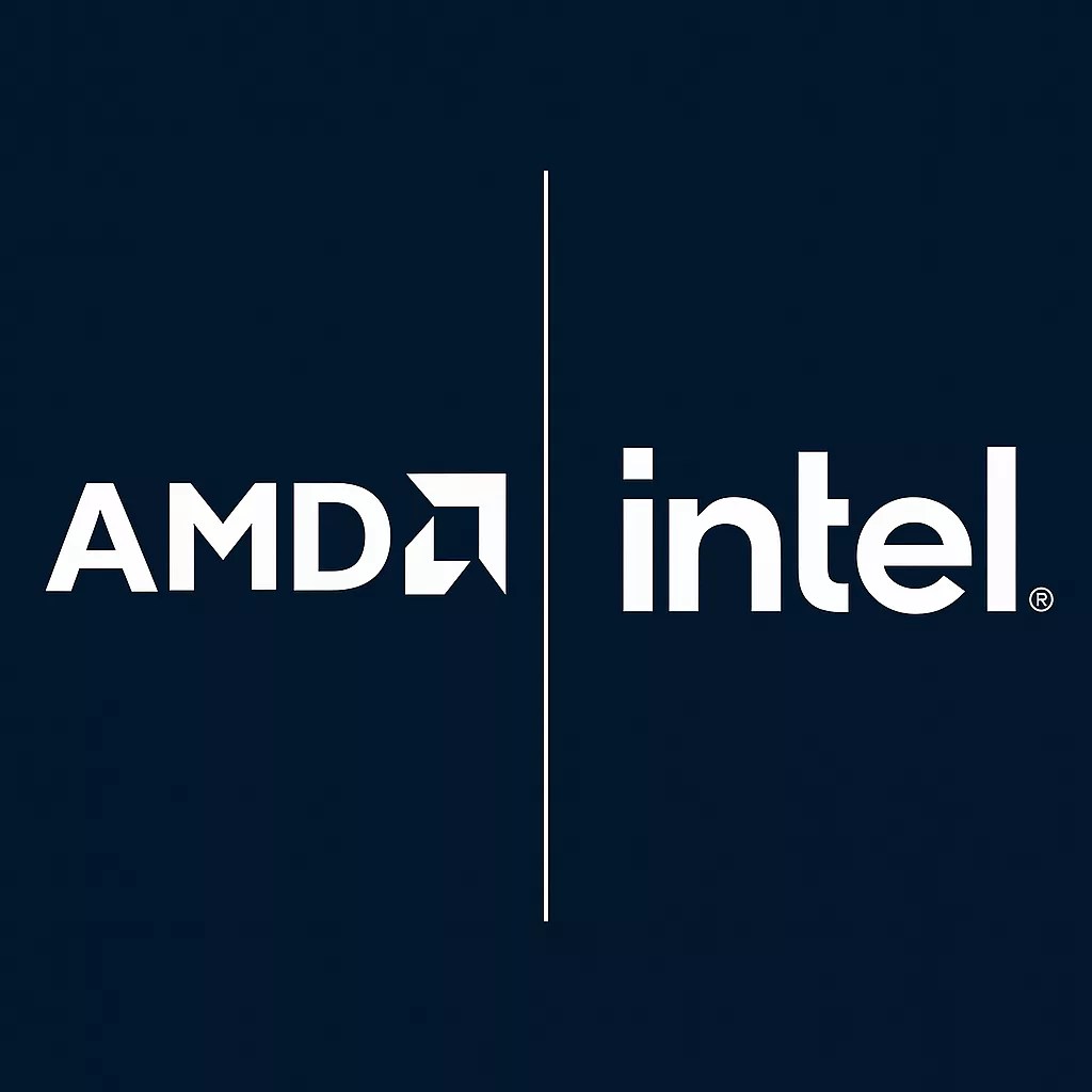 Logos of AMD and Intel are displayed side by side on a dark blue background, separated by a vertical white line, symbolizing a comparison of their efficiency.
