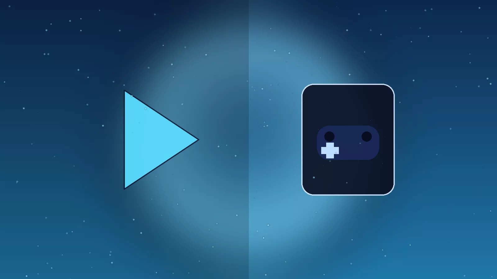 A blue play button on the left and a dark square icon with a game controller face and plus sign on the right, set against a starry space-themed background, symbolize Google’s Play Store reforms for Android developers.