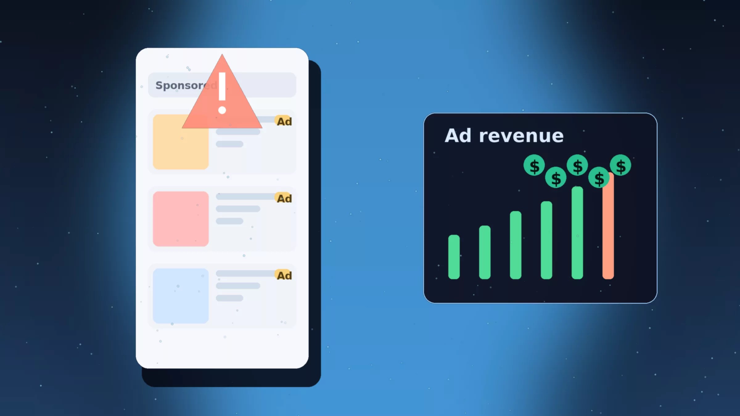A smartphone screen displays fraudulent ads marked with a warning symbol, next to a chart showing increasing ad revenue with dollar signs, all set against a blue gradient background.