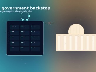 Illustration showing a grid of servers with the text No government backstop. AI capex stays private on the left, and a simplified government building icon on the right, separated by a faint boundary.