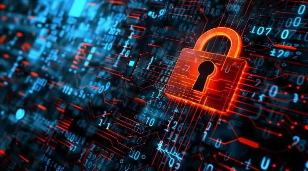 A glowing red padlock icon appears on a digital background filled with blue circuitry and data patterns, symbolizing cybersecurity and protection against zero click attacks like Landfall spyware targeting devices such as the Samsung Galaxy.