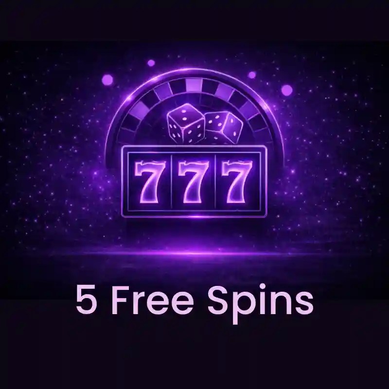 5 free spins bonus feature image of a slot reel showing 777 with dice and roulette wheel in the background
