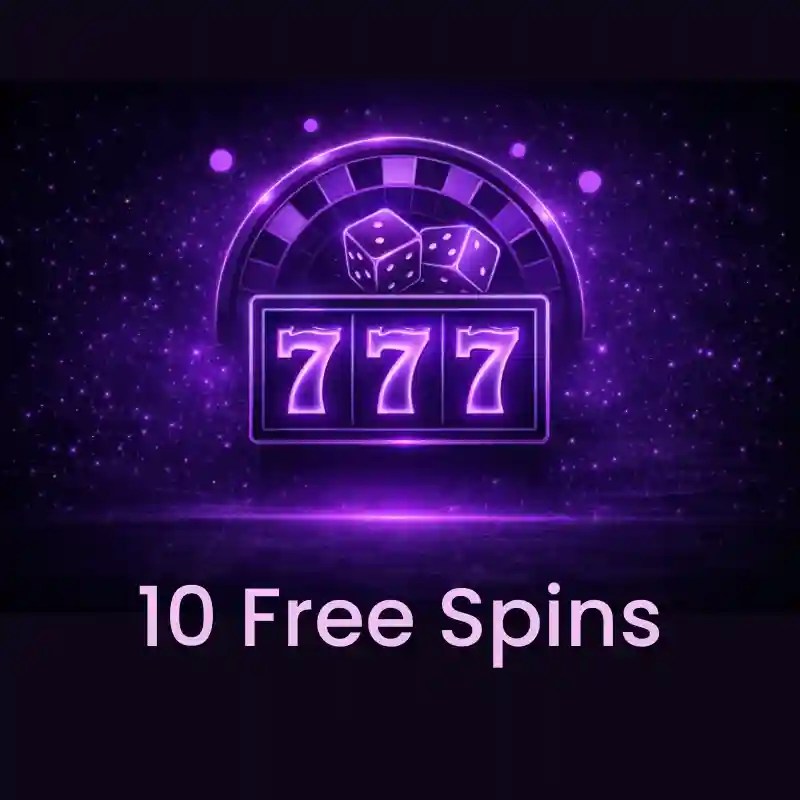 10 free spins bonus feature image of a slot reel showing 777 with dice and roulette wheel in the background