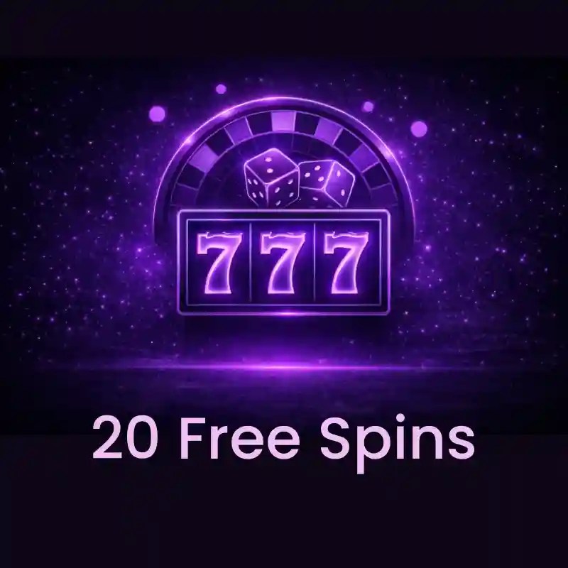 20 free spins bonus feature image of a slot reel showing 777 with dice and roulette wheel in the background