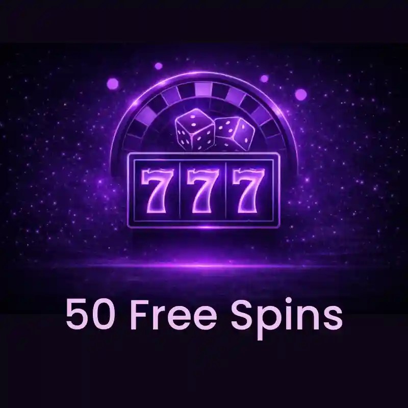 50 free spins bonus feature image of a slot reel showing 777 with dice and roulette wheel in the background